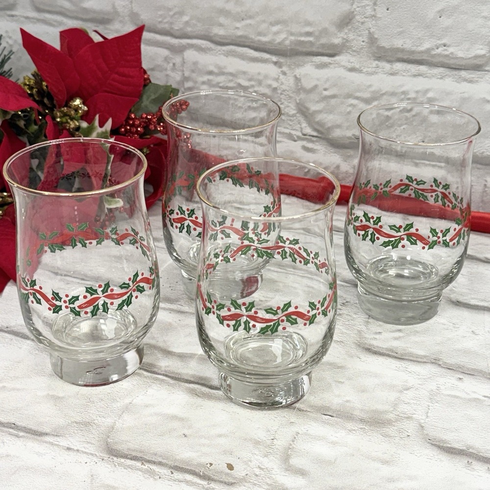 Vtg Libbey Christmas Holly Berry Dinner Glasses Gold Trim Elegant Holiday Glass